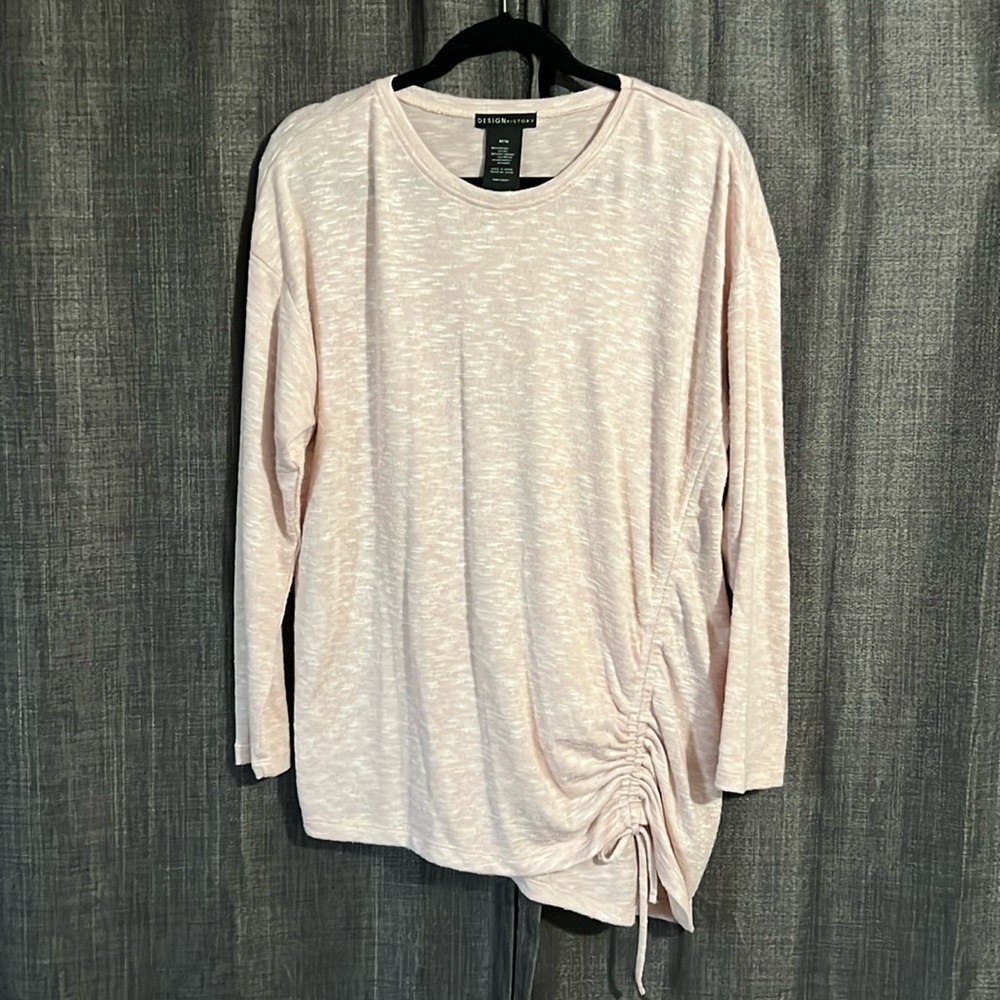 Design history pink long sleeve tshirt with ruched drawstring hemline accent
